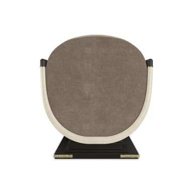 An Art Deco inspired barrel-shaped accent chair, featuring a plush upholstered interior in a neutral beige/taupe fabric, contrasting with a craquelure-finished exterior shell. The chair includes dark wood armrests with a slight sheen and sits on a squared, dark-colored plinth base accented with brass details on each side. — 3D model