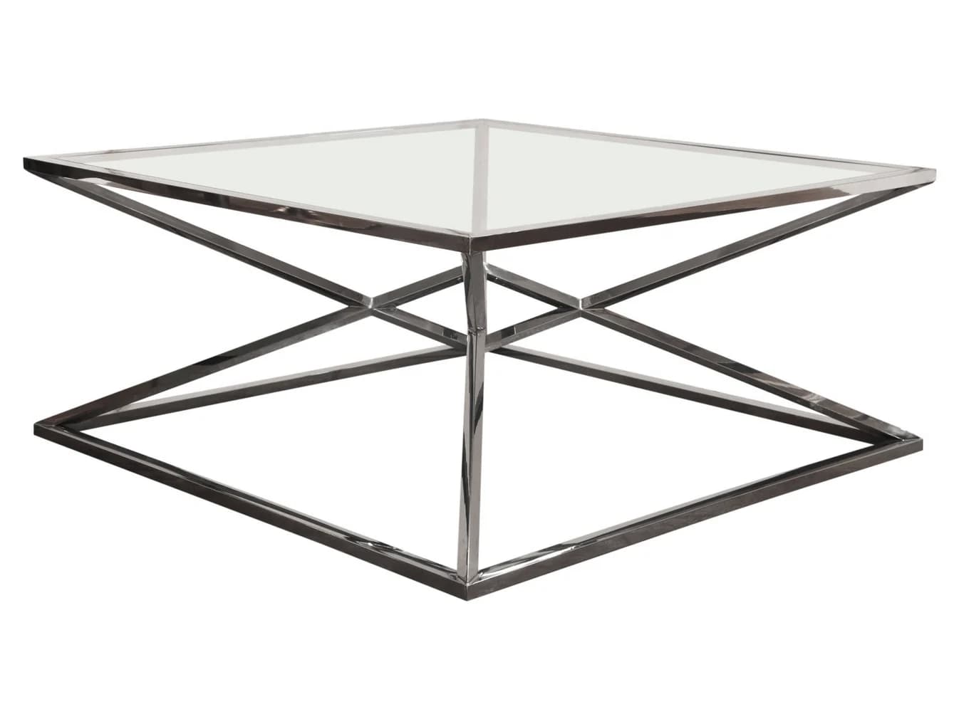 A contemporary square coffee table featuring a clear glass top and a polished chrome-plated metal base with a geometric, intersecting X-frame design. — 3D model