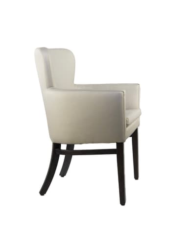 A detailed drawing of an upholstered armchair with various dimensions indicated. The chair features a padded seat, backrest, and armrests, supported by four tapered wooden legs. The upholstery appears to be a light-colored fabric, and the legs are dark. — 3D model