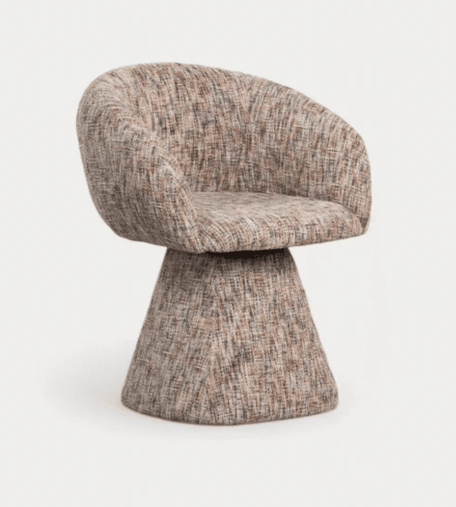 An upholstered lounge chair featuring a curved bucket-style seat with integrated armrests, supported by a wide, tapered cylindrical base. The entire chair is covered in a multi-tonal, textured fabric that gives it a tweed-like appearance. The base indicates a swivel mechanism. — 3D model