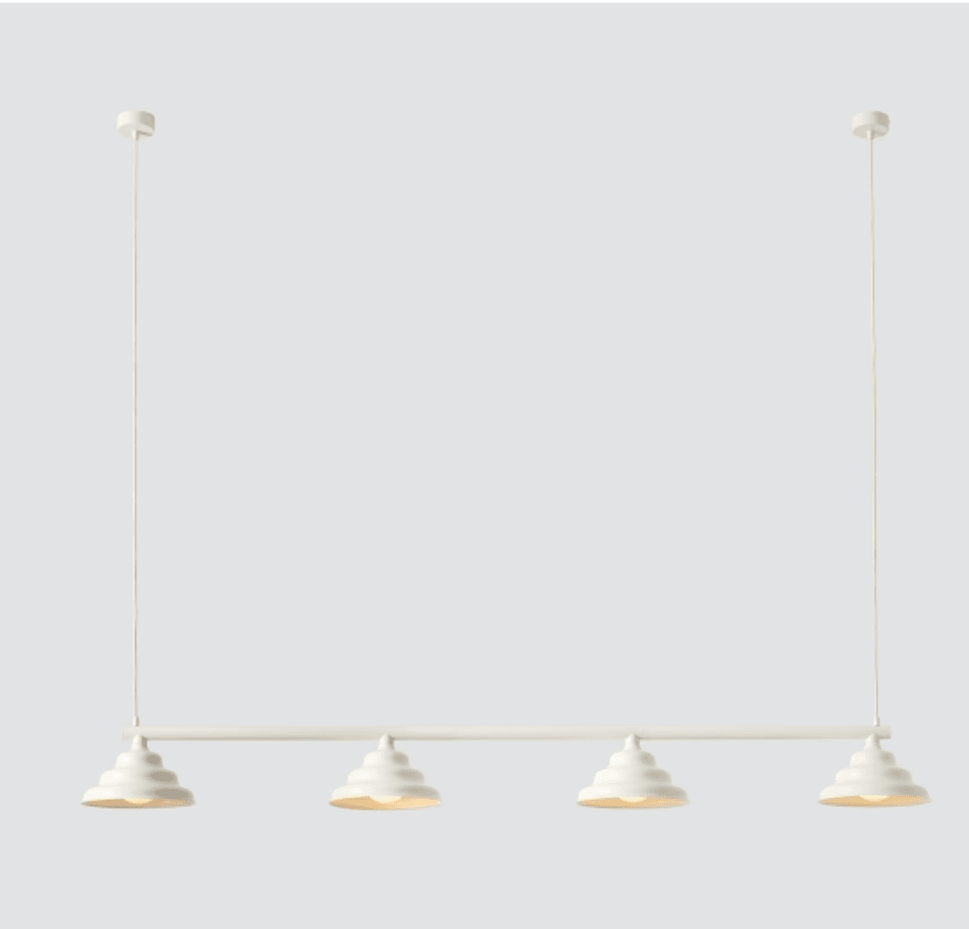 An off-white linear bar pendant light featuring four individual light sources, each encased in a tiered, conical shade. The shades are arranged symmetrically along a horizontal bar, suspended from the ceiling by two slim rods. — 3D model