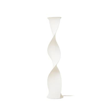 A tall, slender floor lamp featuring a sculptural, twisted design. The lamp is made from a frosted, translucent material, likely plastic or acrylic, which diffuses light evenly. Its form is a continuous helix, widening slightly at the top and bottom, presenting a modern and artistic aesthetic. The color is white or off-white, consistent with diffused light. — 3D model