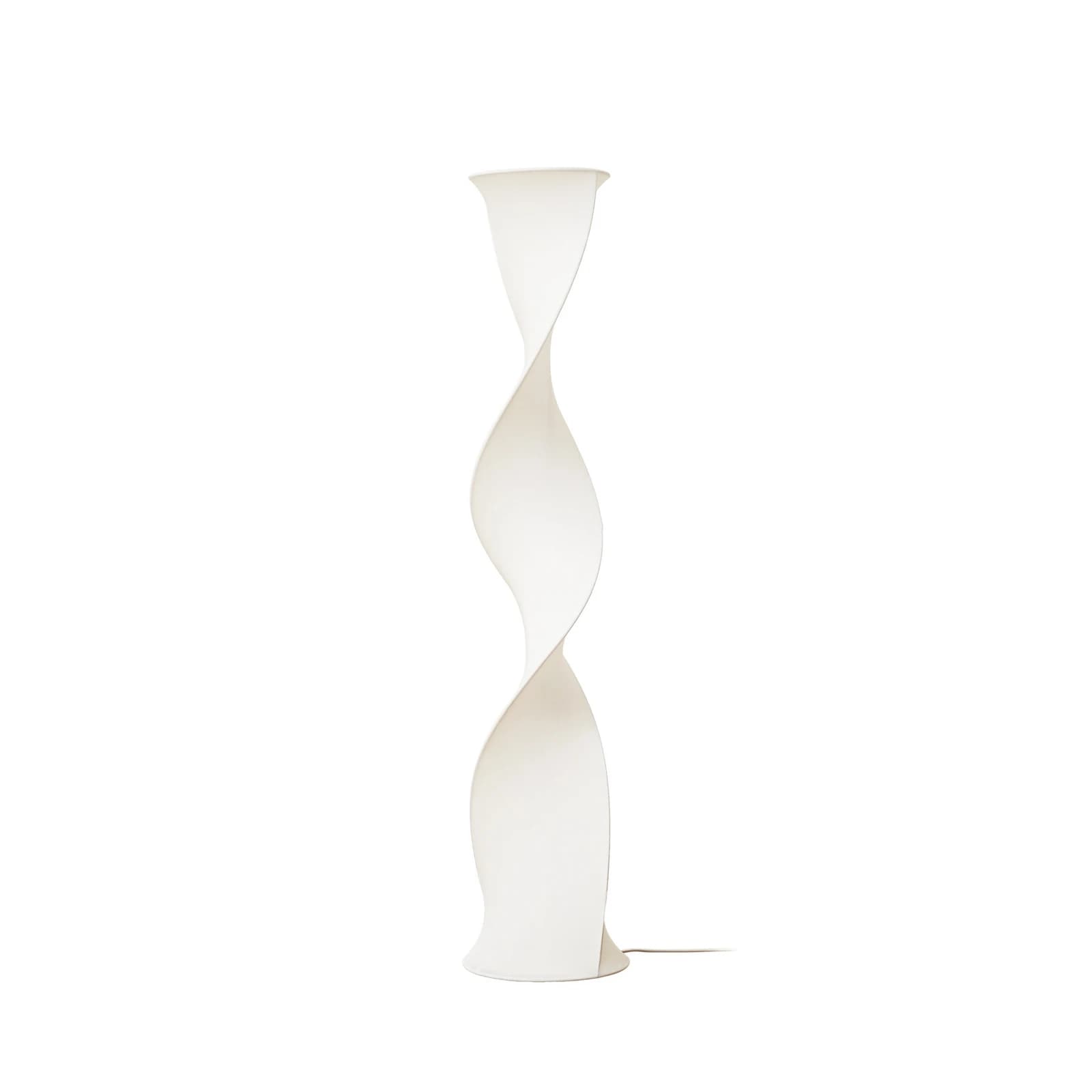 A tall, slender floor lamp featuring a sculptural, twisted design. The lamp is made from a frosted, translucent material, likely plastic or acrylic, which diffuses light evenly. Its form is a continuous helix, widening slightly at the top and bottom, presenting a modern and artistic aesthetic. The color is white or off-white, consistent with diffused light. — 3D model