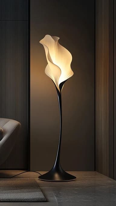 A tall, elegant floor lamp featuring a sculptural, biomorphic design. The top portion consists of a translucent white shade resembling a calla lily, which emits a soft, upward glow. This shade is supported by a slender, dark, tapering stem that curves gracefully. The lamp is anchored by a weighted, round, dark base, detailed with a thin copper-colored rim at its bottom edge. — 3D model