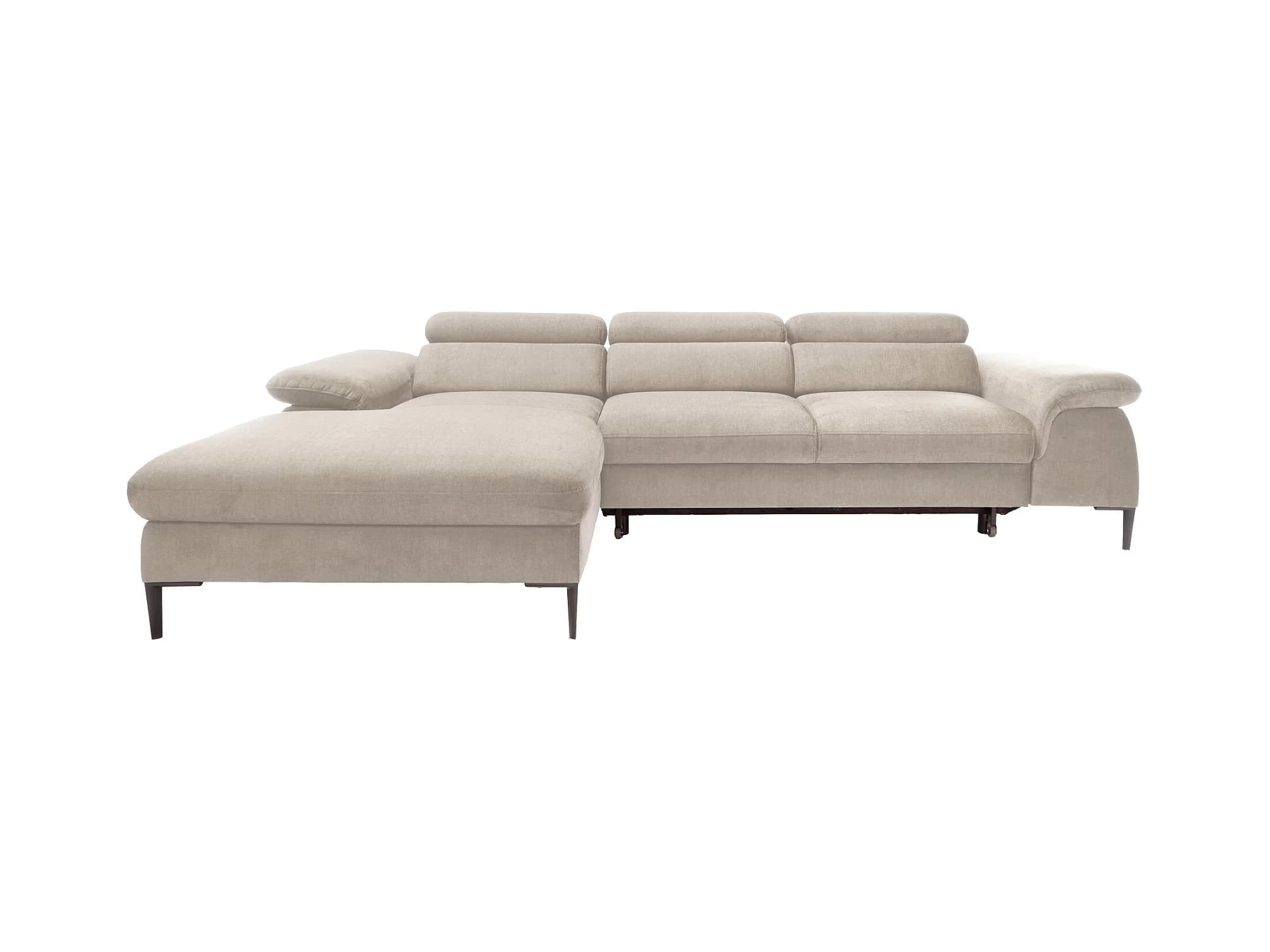 A sectional sofa with a chaise lounge extension. The sofa features adjustable headrests and upholstered cushions. It is supported by dark, angled legs. — 3D model