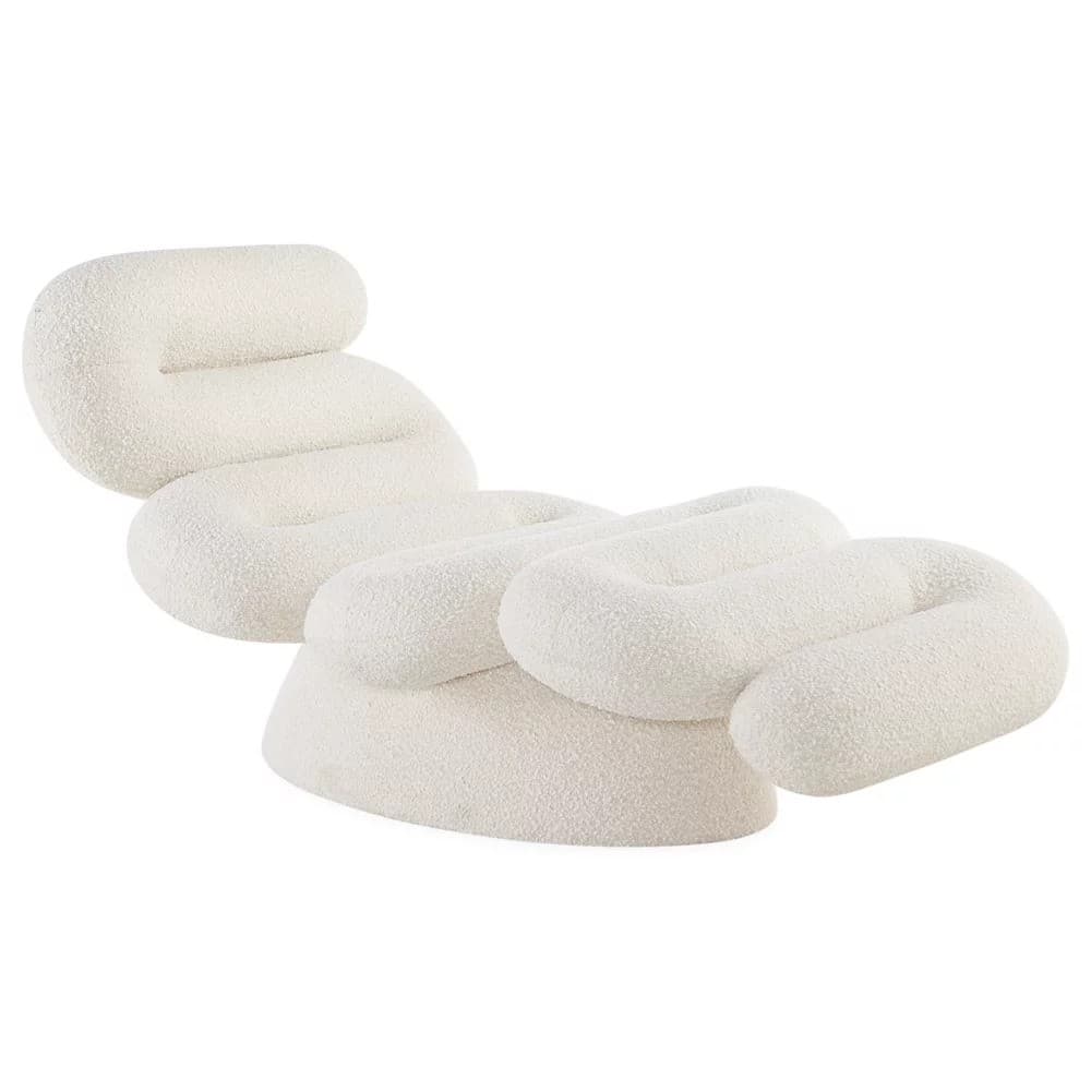 An S-shaped sculptural chaise lounge, fully upholstered in a cream bouclé fabric. The design features continuous, flowing curves, forming an ergonomic shape that supports the body in a reclined position for extended lounging. The entire piece, including the base, is seamless and integrated, presenting a soft, monolithic form with no visible legs. — 3D model