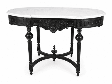 An oval-topped console table with a marble surface and a dark, intricately carved wooden base. The base features four turned legs connected by a decorative stretcher. The apron below the marble top is heavily ornamented with floral motifs and geometric patterns. — 3D model
