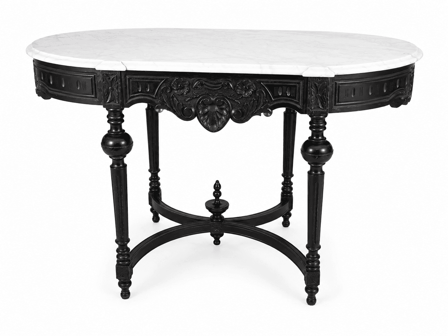 An oval-topped console table with a marble surface and a dark, intricately carved wooden base. The base features four turned legs connected by a decorative stretcher. The apron below the marble top is heavily ornamented with floral motifs and geometric patterns. — 3D model