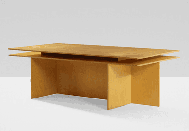 A minimalist desk constructed from light-colored plywood, featuring a distinctive floating top design. The desk is supported by two solid panel legs on the sides and a central full-height panel that also functions as a modesty panel. The layered edges of the plywood are visible, enhancing its modern aesthetic. — 3D model