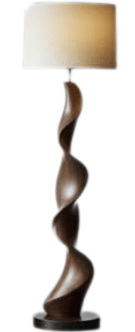A floor lamp featuring a tall, dark brown, twisted wooden base that tapers upwards, supporting a simple off-white drum-shaped fabric shade. The base rests on a circular black platform. — 3D model