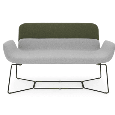 A modern two-seater sofa with a distinctive design. The seat and armrests are upholstered in a light grey, textured fabric, while the backrest is a contrasting dark olive green, also textured. The sofa features a curved, flowing silhouette for the seat and arms. It is supported by a minimalist, black metal frame with a geometric, open-leg design. — 3D model