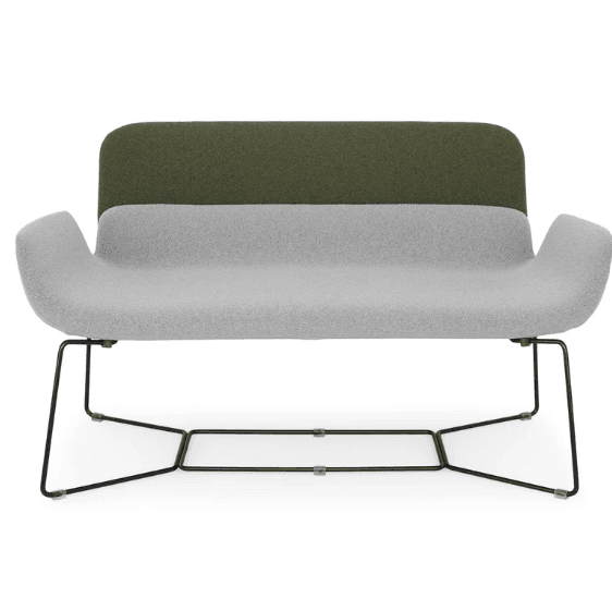 A modern two-seater sofa with a distinctive design. The seat and armrests are upholstered in a light grey, textured fabric, while the backrest is a contrasting dark olive green, also textured. The sofa features a curved, flowing silhouette for the seat and arms. It is supported by a minimalist, black metal frame with a geometric, open-leg design. — 3D model
