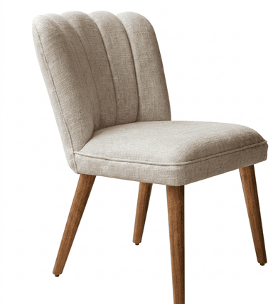 A cream-colored accent chair with a high, fan-shaped backrest featuring vertical channel tufting. The chair has four tapered wooden legs in a dark brown finish. — 3D model