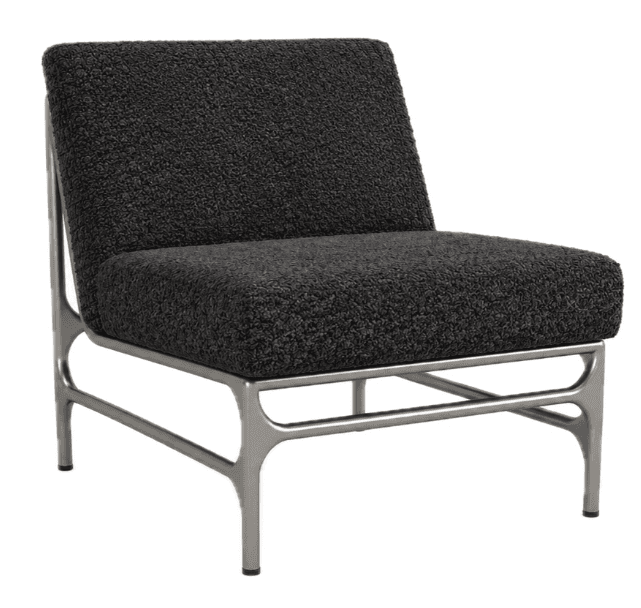 A contemporary armless lounge chair featuring a dark gray, highly textured boucle-like upholstery set on a minimalist, light-colored metal frame. The frame exhibits a modern, open design with gently curved and rounded edges, providing robust structural support for the thick, comfortable seat and back cushions. — 3D model