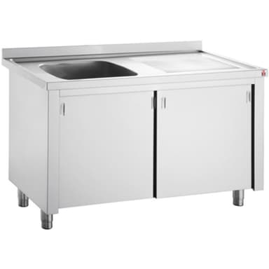 A stainless steel commercial sink cabinet featuring a single deep basin and an integrated ribbed drainboard, mounted atop a two-door storage cabinet, supported by four adjustable cylindrical legs. It includes a low backsplash at the rear. — 3D model