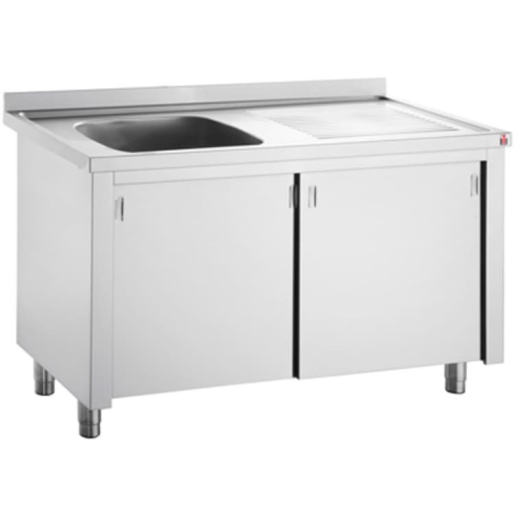 A stainless steel commercial sink cabinet featuring a single deep basin and an integrated ribbed drainboard, mounted atop a two-door storage cabinet, supported by four adjustable cylindrical legs. It includes a low backsplash at the rear. — 3D model