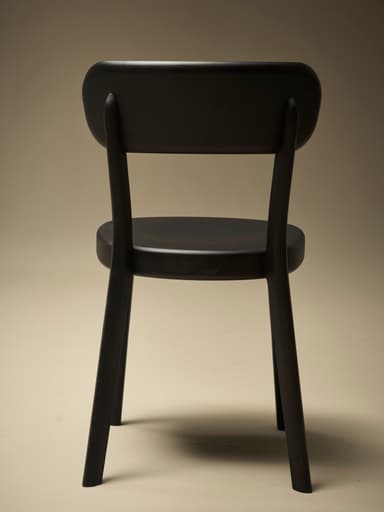 A dark-colored wooden dining chair viewed from the back. The chair features a gently curved backrest supported by two upright posts that extend from the seat. The seat itself is also curved and appears to be solid. The legs are slightly tapered and angled outwards. The overall construction suggests a modern or contemporary design with clean lines and a minimalist aesthetic. — 3D model