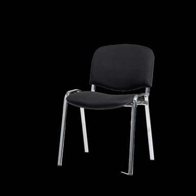 A black upholstered chair with a polished chrome-plated steel frame, designed for stackability and utility in office or conference settings. — 3D model