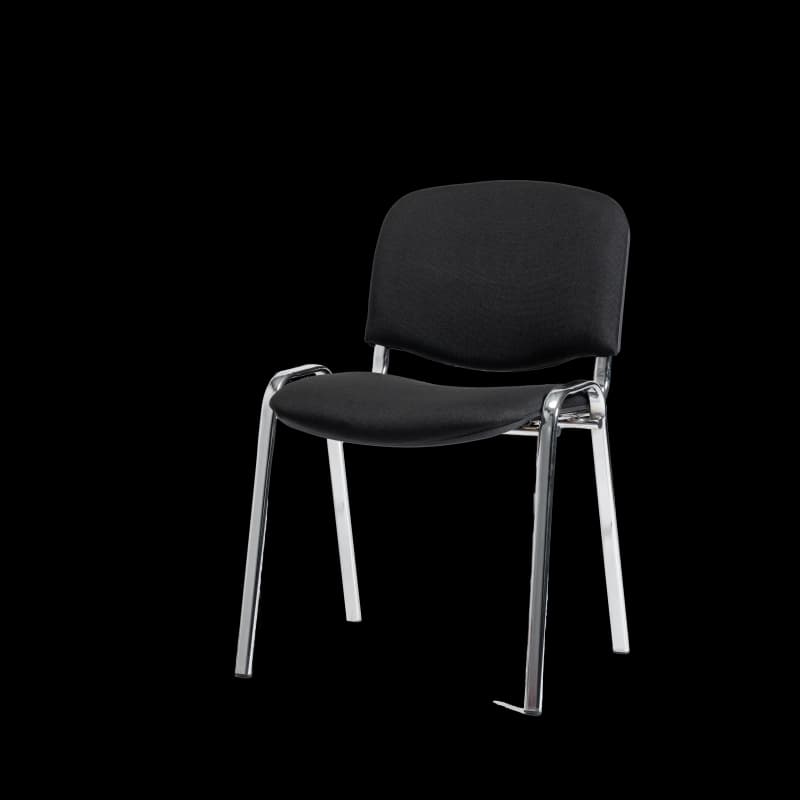 A black upholstered chair with a polished chrome-plated steel frame, designed for stackability and utility in office or conference settings. — 3D model