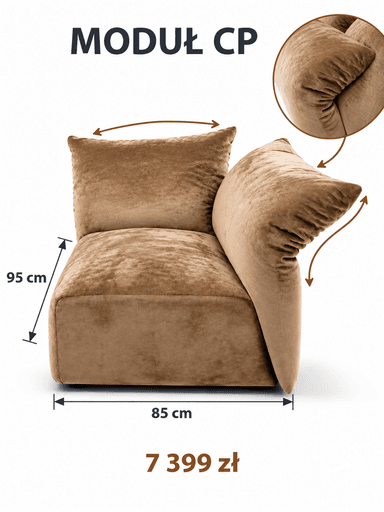 An armless modular lounge chair module upholstered in a soft, camel-colored velvet fabric. The chair features a low-profile, block-like design with clean, straight lines, suggesting a contemporary or minimalist aesthetic. It includes a single, matching back cushion that rests against the rear of the module. The upholstery appears plush and inviting, indicative of comfortable seating designed for relaxation. — 3D model