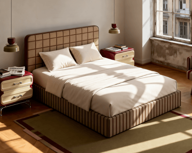 A modern upholstered bed frame with a distinctively patterned headboard and base. The headboard features a grid of square-shaped upholstery in a light tan color with darker brown piping outlining each square. The bed frame itself has a vertical striped pattern in alternating shades of brown and tan. It is dressed with cream-colored bedding, including two pillows and a duvet. Two matching bedside tables with red drawers and light-colored drawer fronts are positioned on either side of the bed. The overall aesthetic suggests a contemporary or retro-inspired design. — 3D model