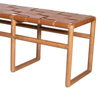 A long, rectangular bench featuring a light-toned wooden frame and a tan woven leather seat. The frame consists of three inverted U-shaped sections, connected by horizontal stretchers, providing a sturdy and minimalist base. The seat is formed by wide strips of leather interlaced in a basket-weave pattern. — 3D model
