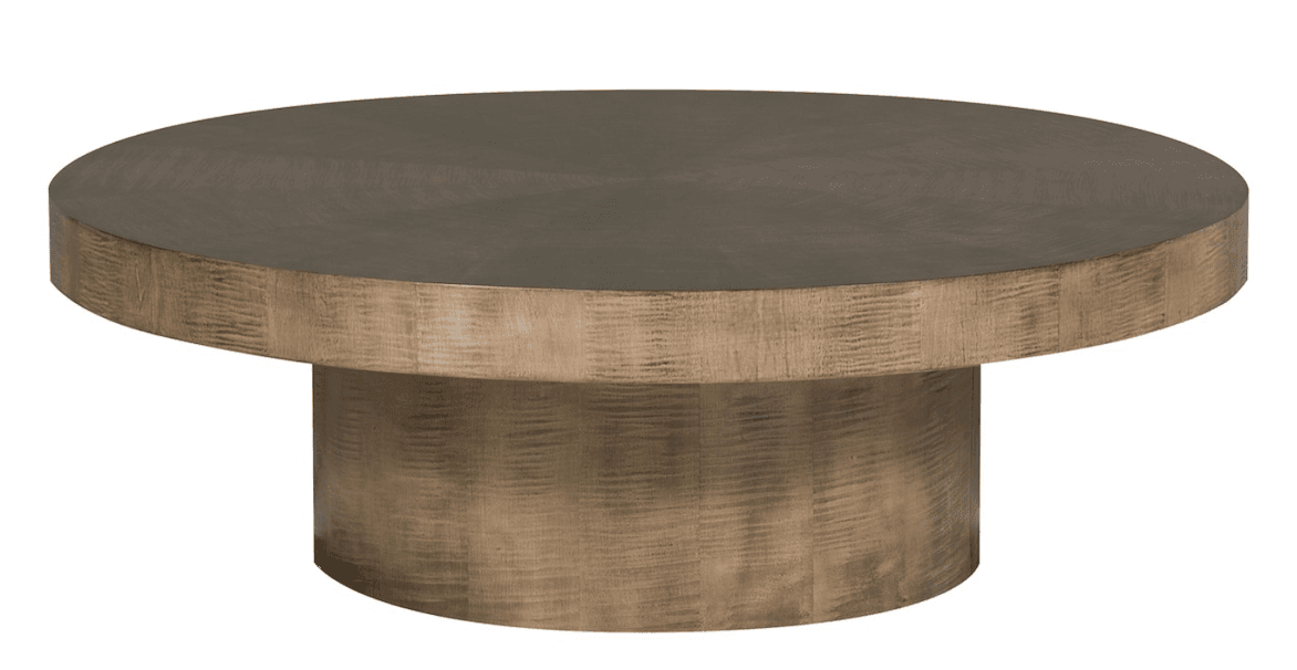 A round coffee table with a drum-shaped pedestal base. The tabletop features a subtle radial wood grain pattern. The base has a textured finish that mimics stacked rectangular blocks. — 3D model