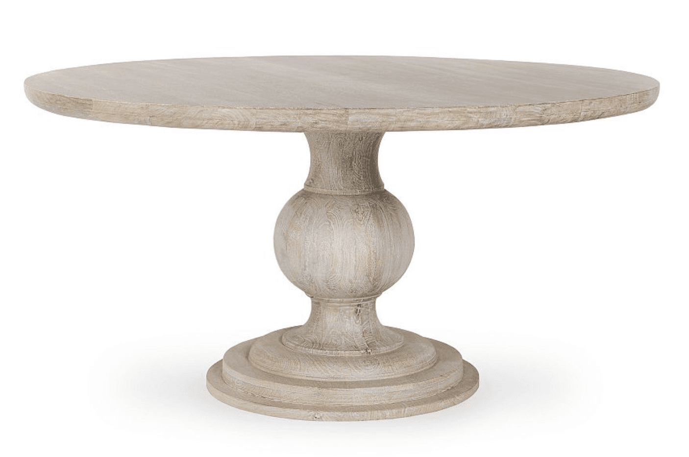 A round dining table constructed from whitewashed wood, featuring a prominent turned pedestal base and a circular tiered foot. — 3D model