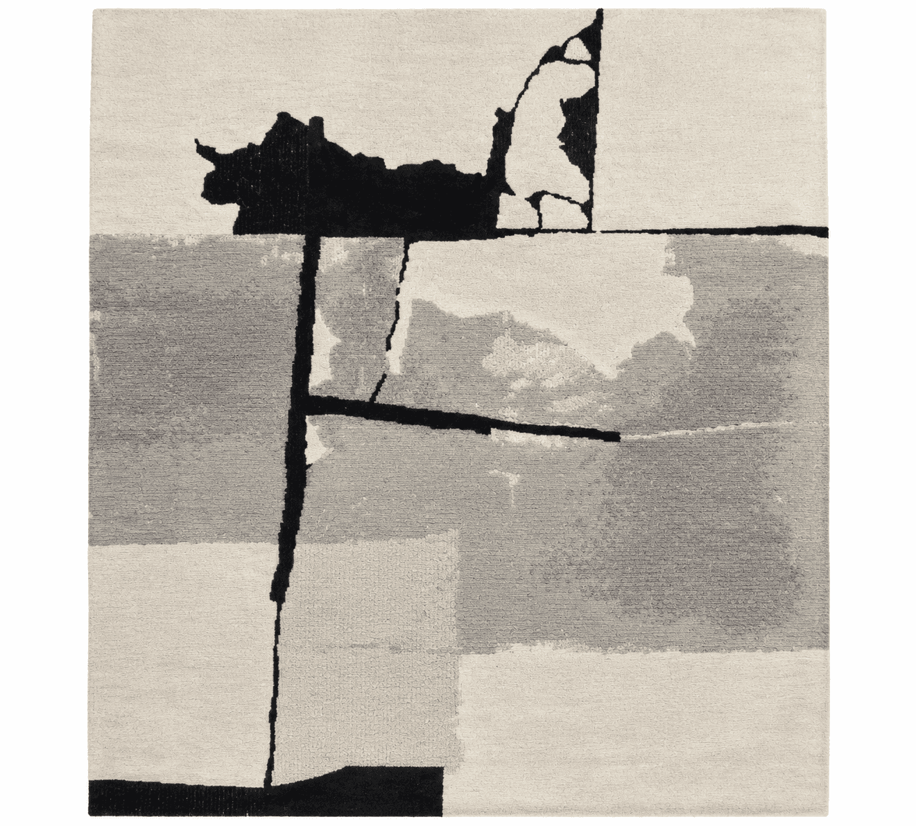 A rectangular area rug featuring an abstract geometric design in a monochromatic palette of off-white, various shades of grey, and black. The pattern incorporates bold, irregular black lines and shapes that segment the surface into fields of solid and textured grey and off-white. Some black areas appear to have a higher pile or a different texture, creating visual depth. — 3D model