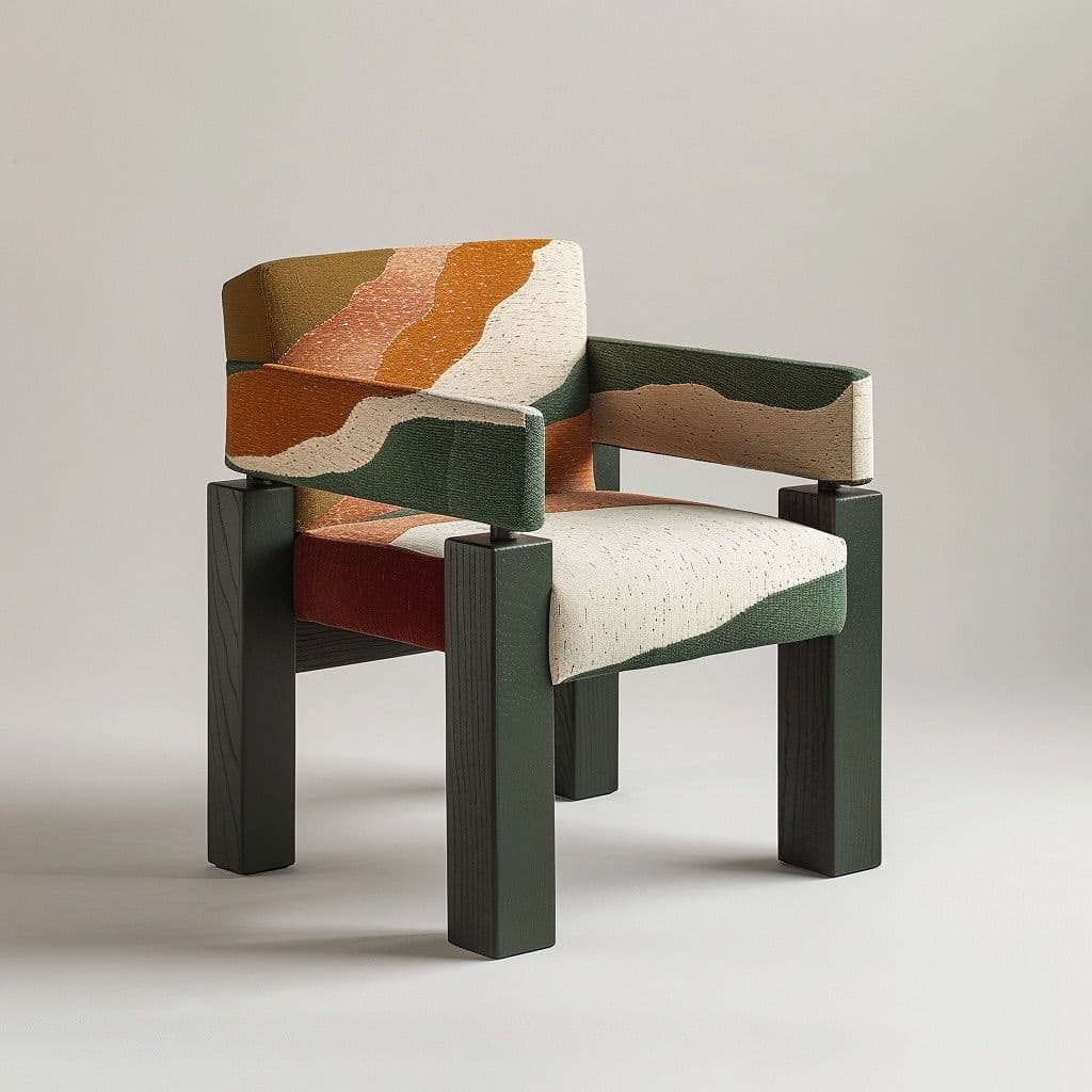 A postmodern armchair featuring a blocky dark green wooden frame and vibrant multi-colored abstract wave-patterned upholstery. The chair's design is characterized by thick, square-profile legs and armrests, supporting a fully upholstered seat, backrest, and arm pads. — 3D model