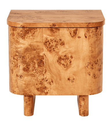 A compact, curved nightstand constructed from wood burl veneer. The top surface has a rounded edge and is composed of smaller rectangular panels. The front features a single door with a subtle seam indicating its opening mechanism. The piece rests on a pedestal base, also clad in wood burl veneer, which has a stepped design. — 3D model