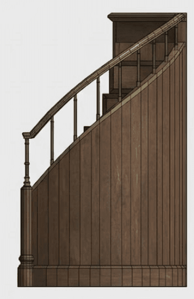 A dark brown wooden staircase unit, likely designed for a library or loft, featuring an integrated storage cabinet on one side. The staircase has several steps, and a gracefully curved handrail with vertical balusters on the open side. The cabinet side is detailed with classic recessed panels, and the entire unit appears to be a custom-built, fixed installation. — 3D model