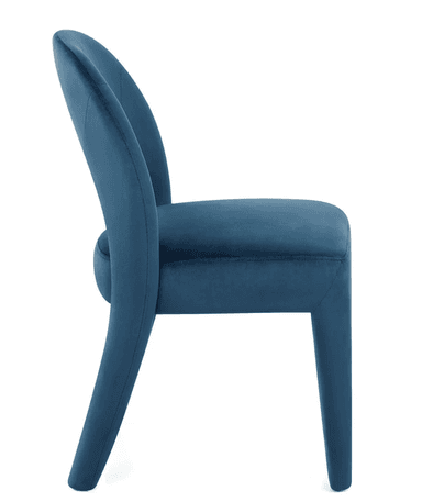 A side profile view of an accent chair upholstered in a teal-colored velvet fabric. The chair features a high, curved backrest that extends down to form the armrests. The seat is well-padded and rectangular. The chair stands on four tapered legs, with the front legs extending from the seat structure and the rear legs integrated into the backrest's curve. The upholstery shows subtle stitching details, and the overall form is modern and elegant. — 3D model