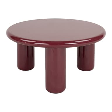 A round side table with a high-gloss, deep red finish and three cylindrical legs. The tabletop has a smooth, slightly rounded edge. — 3D model