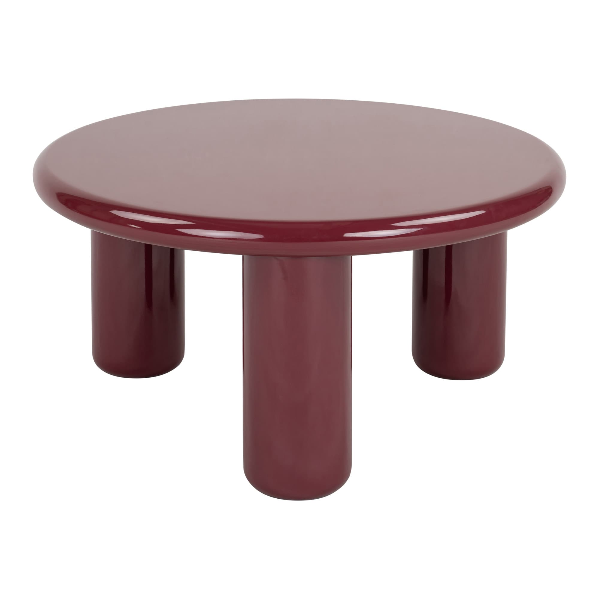 A round side table with a high-gloss, deep red finish and three cylindrical legs. The tabletop has a smooth, slightly rounded edge. — 3D model