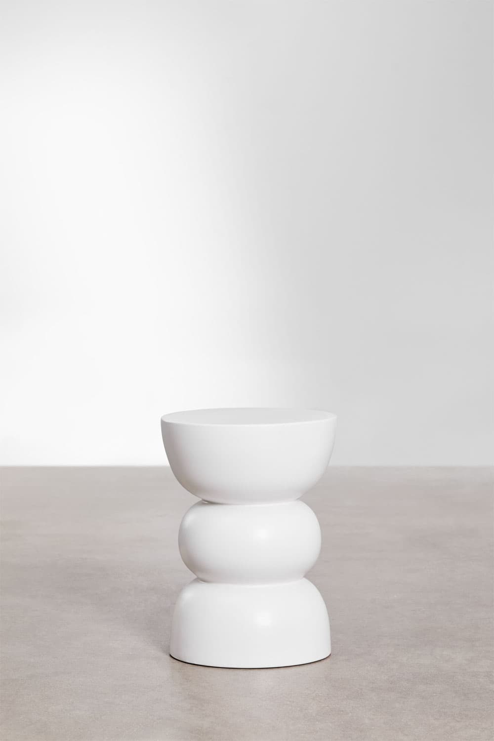 A white stool with a distinctive hourglass or stacked spherical shape. The stool features three distinct sections: a flat, slightly concave top, a rounded middle section, and a wider, flared base. The overall form is smooth and continuous, suggesting a molded construction. — 3D model