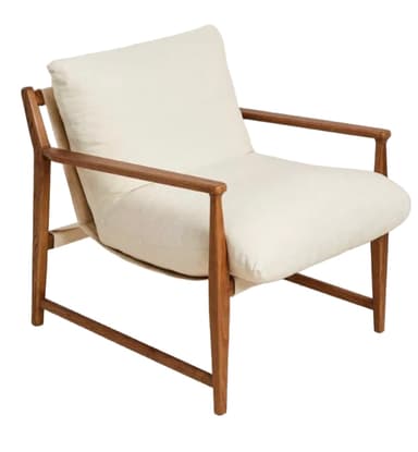 A wooden armchair with plush, off-white upholstered seat and back cushions. The frame and arms are constructed from a warm-toned wood with visible grain. The design is minimalist and modern. — 3D model