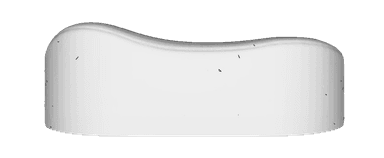 A light-colored, upholstered sofa with a curved silhouette. It features integrated armrests that flow into the backrest, creating a continuous, rounded form. The surface appears smooth and padded. Small, dark marks are visible across the surface, possibly indicating minor imperfections or textural details. — 3D model