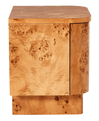 A compact, curved nightstand constructed from wood burl veneer. The top surface has a rounded edge and is composed of smaller rectangular panels. The front features a single door with a subtle seam indicating its opening mechanism. The piece rests on a pedestal base, also clad in wood burl veneer, which has a stepped design. — 3D model