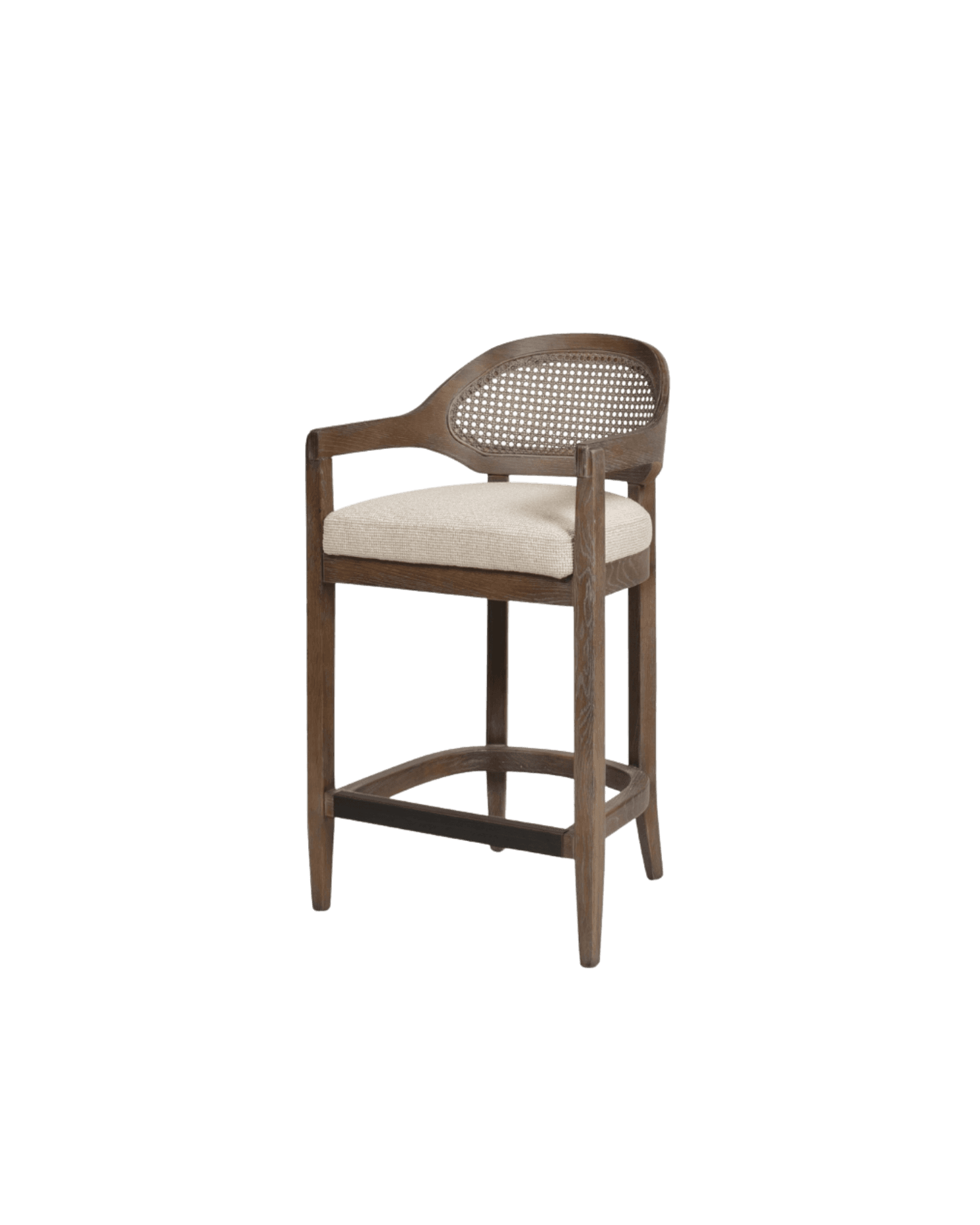 A bar stool with a wooden frame, featuring a woven cane backrest within an oval frame, and a cushioned seat. The stool has armrests and four legs connected by a lower footrest structure. — 3D model