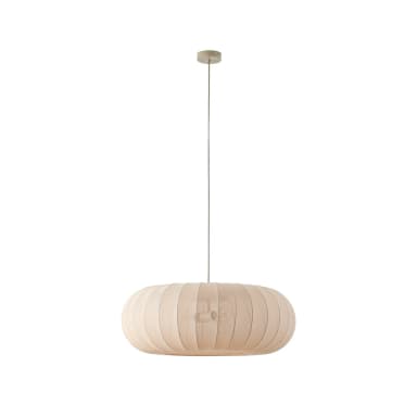 An elongated, capsule-shaped pendant light suspended from a single cord, featuring a light-colored, ribbed fabric or textile shade. The shade is constructed with horizontal segments, creating a textured surface that diffuses light. A simple, matching ceiling canopy completes the suspension. — 3D model