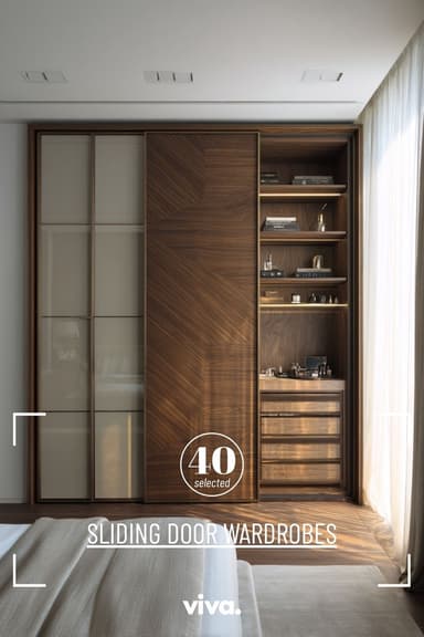 A modern, rectangular wardrobe featuring a dark wood veneer with a distinct herringbone pattern on some sections, and contrasting light beige opaque panels on others. It is designed with sliding doors for closed storage and an integrated open shelving unit with multiple shelves and pull-out drawers for display and accessible storage. — 3D model
