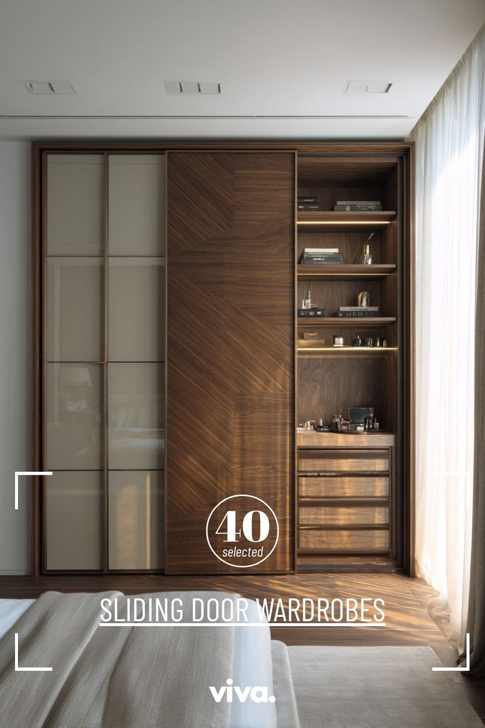 A modern, rectangular wardrobe featuring a dark wood veneer with a distinct herringbone pattern on some sections, and contrasting light beige opaque panels on others. It is designed with sliding doors for closed storage and an integrated open shelving unit with multiple shelves and pull-out drawers for display and accessible storage. — 3D model