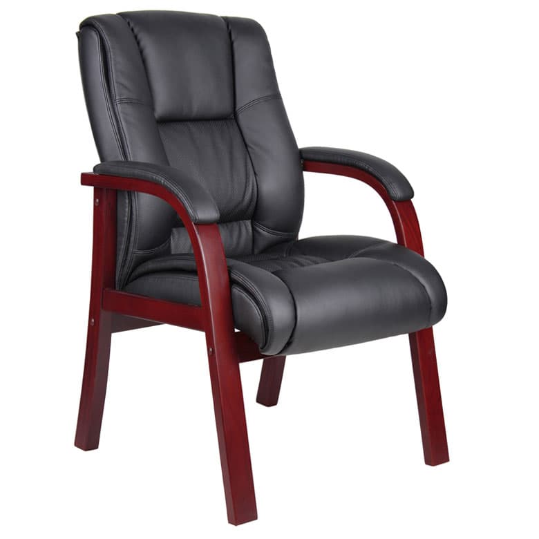 A stationary office guest chair featuring a dark cherry-finished wooden frame with black padded faux leather upholstery on the seat, back, and armrests. The chair exhibits a professional, sturdy design with ample cushioning. — 3D model