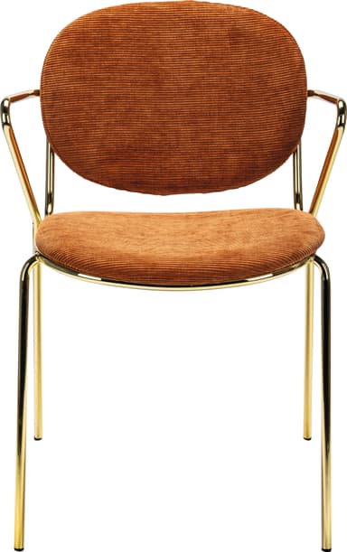 A modern armchair featuring a polished gold-finished tubular metal frame and rust-colored corduroy upholstery on the seat and backrest. — 3D model
