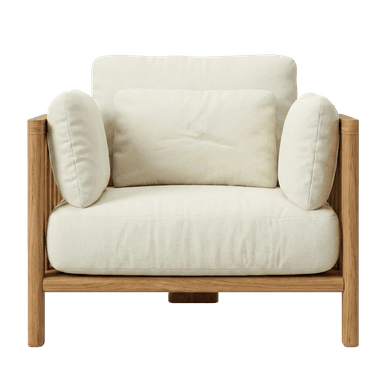 A contemporary armchair featuring a sturdy wooden frame and plush, upholstered cushions. The frame is constructed from light-colored wood with clean lines and a slatted detail on the vertical supports. The seat, backrest, and armrests are padded and covered in a textured, off-white fabric. Two loose back pillows are present: one larger lumbar pillow and two smaller bolster-style armrest pillows. The design appears to be minimalistic and modern. — 3D model
