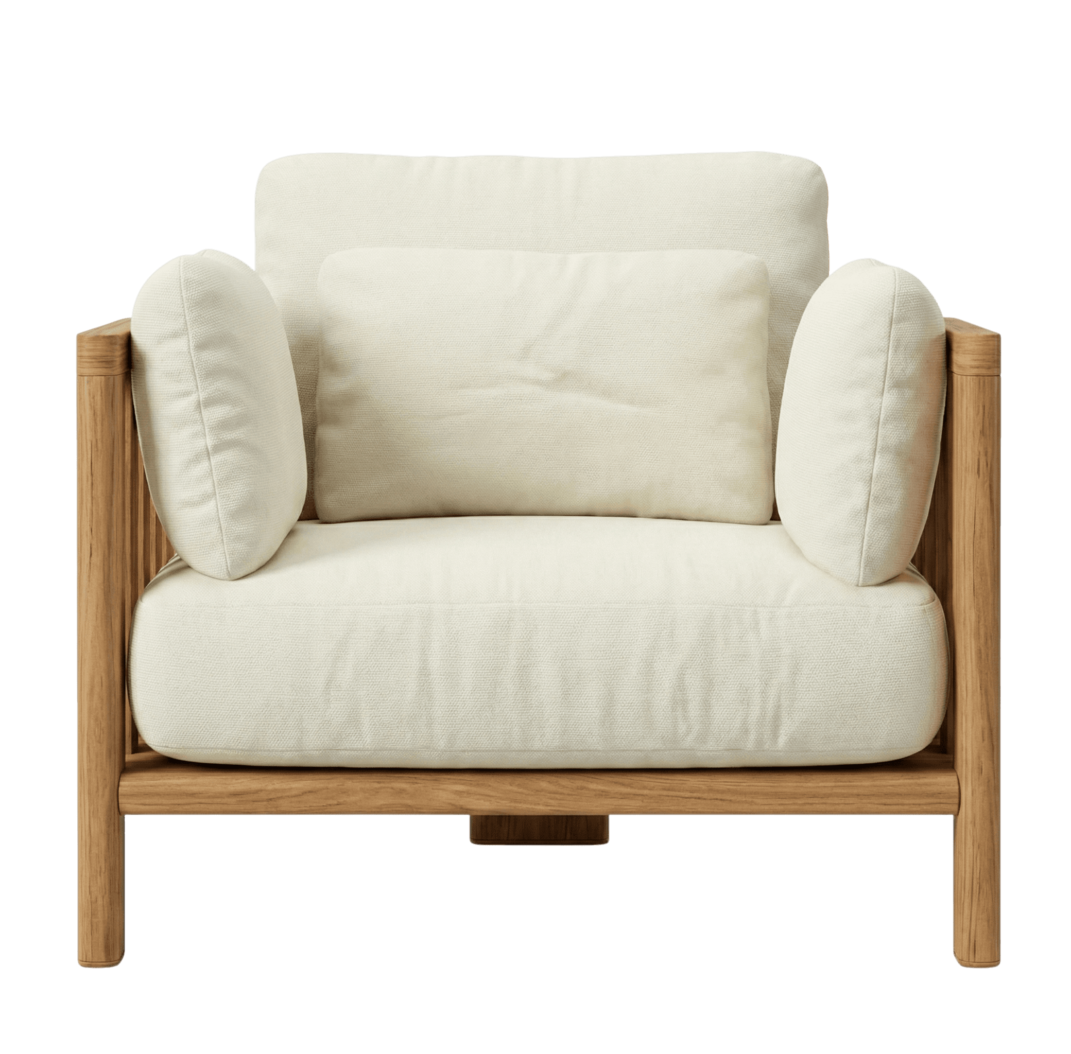 A contemporary armchair featuring a sturdy wooden frame and plush, upholstered cushions. The frame is constructed from light-colored wood with clean lines and a slatted detail on the vertical supports. The seat, backrest, and armrests are padded and covered in a textured, off-white fabric. Two loose back pillows are present: one larger lumbar pillow and two smaller bolster-style armrest pillows. The design appears to be minimalistic and modern. — 3D model