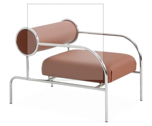A modern armchair featuring a polished tubular chrome frame and tan-colored leatherette upholstery for the seat and backrest. The backrest is a cylindrical bolster cushion, and the seat is a square cushion. — 3D model