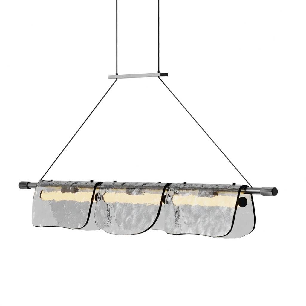A linear pendant light featuring multiple rectangular textured glass shades affixed to a horizontal metal bar, suspended by thin black wires from a minimalist linear canopy. The light source appears to be integrated, emitting a warm glow through the translucent, uneven glass panels. — 3D model