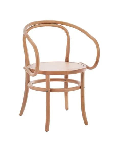 A classic bentwood armchair featuring a light, natural wood finish. The chair exhibits characteristic steam-bent wood construction, with a circular seat, a gracefully curved backrest, and integrated armrests forming a single, fluid element. It is supported by four slightly splayed legs connected by a circular stretcher. — 3D model